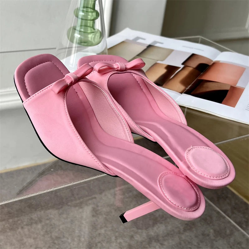LBSFY -Summer Fashion Butterfly-knot Satin Women Slipper Slip On Ladies Sandal Thin High Heel Outdoor Dress Slides Shoes