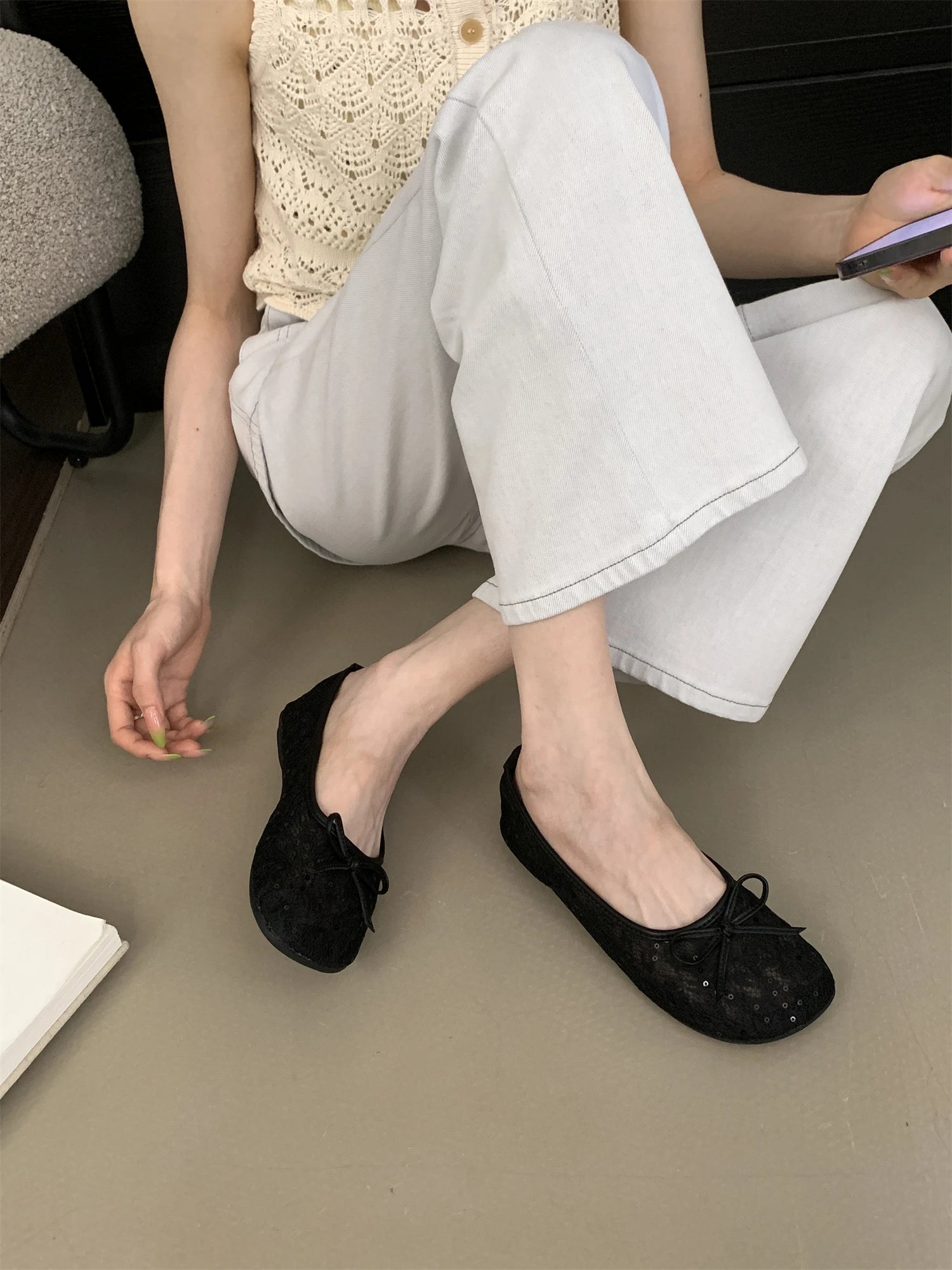 LBSFY -Summer Fashion Concise Round Head  Women Ballet Flats Low Heels Bow Mesh Party Slide Mules Casual Shoes Zapatos De Mujer