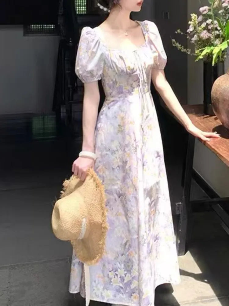 LBSFY -Women's French Print Dresses Casual New Elegant Vintage Square-Collar Floral A-Line Slim Puff-Sleeve Dress Holiday Summer Chic
