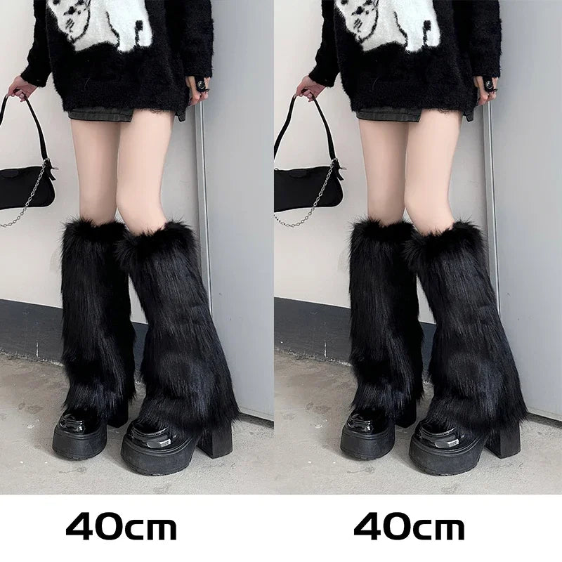 Lbsfy Japanese White Faux Fur Leg Warmers Boot Covers Y2K Goth Solid Leg Socks Punk Jk Knee-length Hiphop Hotgirl Fashion Warm Sock