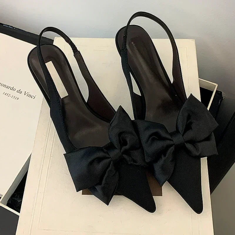 LBSFY  -  Elegant Bow Design Back Strap Small Heel Mules Sandals Women Fashion Satin Pointed Toe Medium Heel Summer Women Pumps Tacones