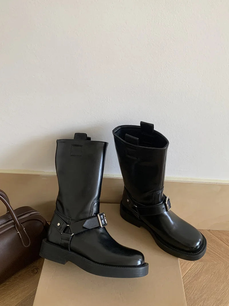 LBSFY  -   Mid Calf Boots Women Round Toe Black Pu Leather Buckle Block Heel Biker Shoes Wide Calf