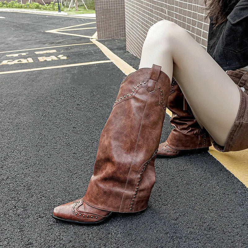LBSFY  -  Retro Pointy Western Cowhide Leather Boots Women's New Brown Riveted Pant Boots All Match Chunky Heel Thigh-high Tide Boot