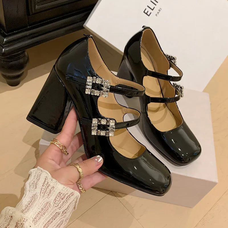 LBSFY  -  Fashion Pumps New High Quality True Leather Round Head Thin Belt Crystal Square Buckle High Heel Mary Janes Sweet Lolita