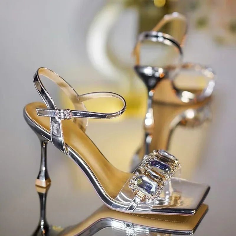 Lbsfy Luxury Diamond High Heels Women Summer Square Toe Shiny Crystal Sandals Woman Ankle Straps Elegant Party Pumps Women Shoes