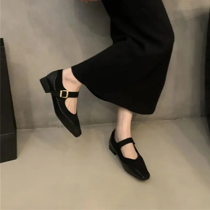 LBSFY  -  Ladies Flat Shoes High Quality Mary Janes Women's Pumps Elegant Dress Pumps Women Square Toe Buckle Strap Low Heel Shoe