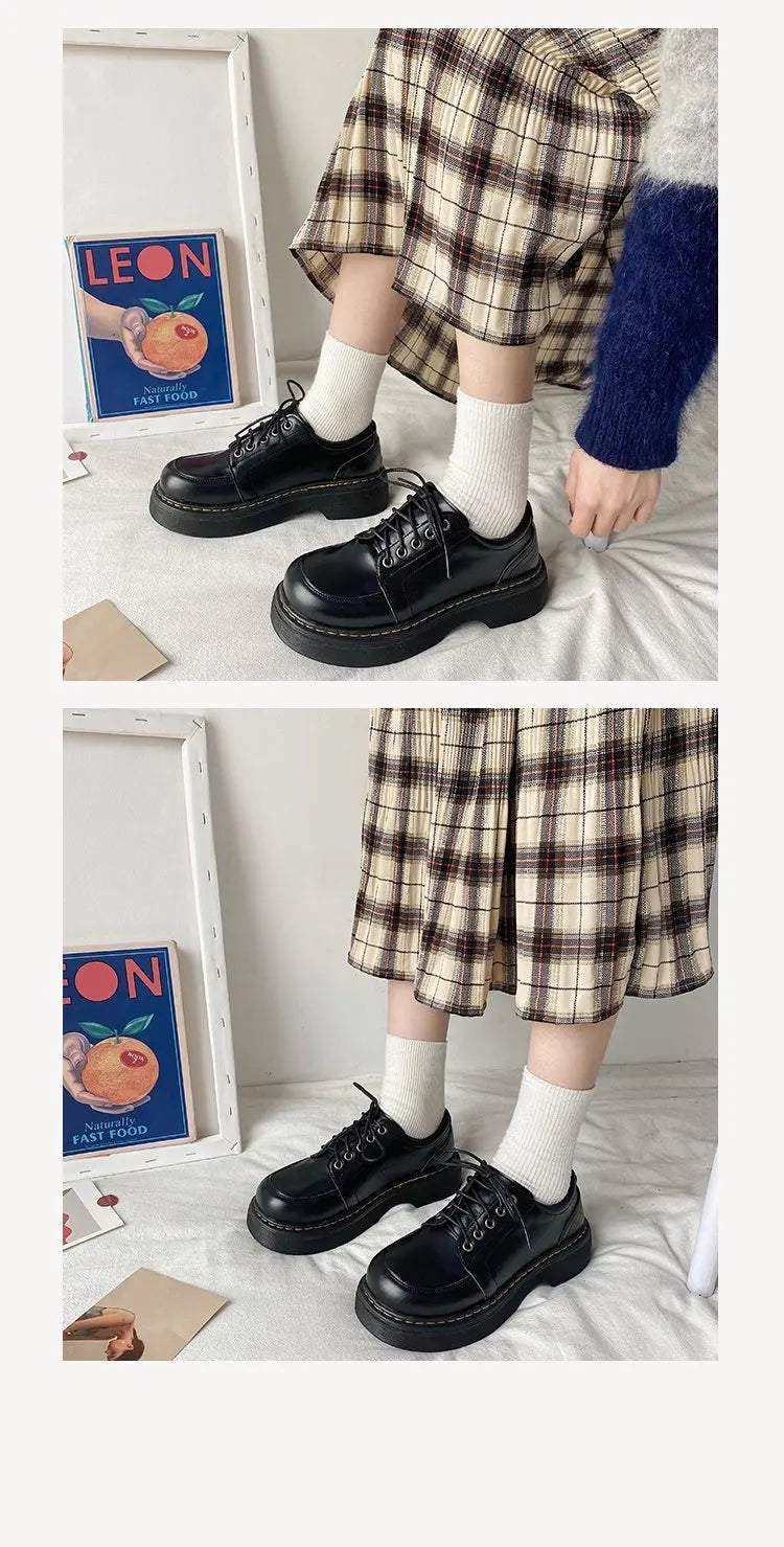 LBSFY -Mary Jane Women Pumps 2025 Spring Solid Lace-up Platform Shoes Round Toe Casual Zapatillas Mujer Black 4.5CM High Zapato De Tacón