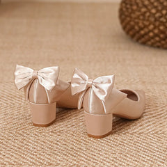 LBSFY  -  Size 30-44 Chunky Heel Pointed Bow High Heels Satin Champagne Color White Wedding Shoes Women Pumps