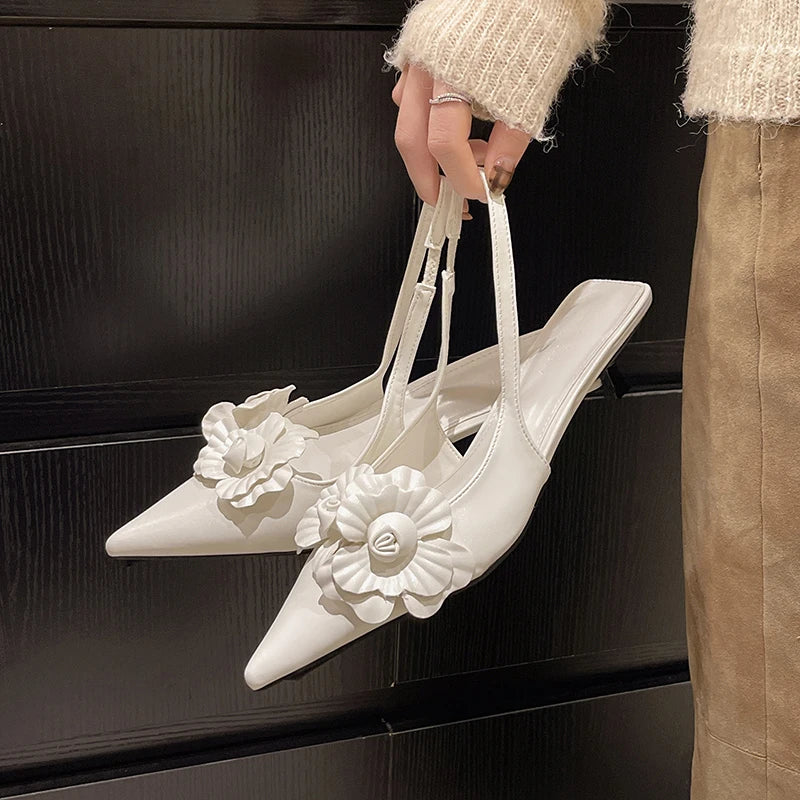 LBSFY -New Style Luxury Women's Mule Shoes Summer Fashion High Heel Flower Sexy Pointed Ladies Casual Outdoor Shoes Sweet White Sandals
