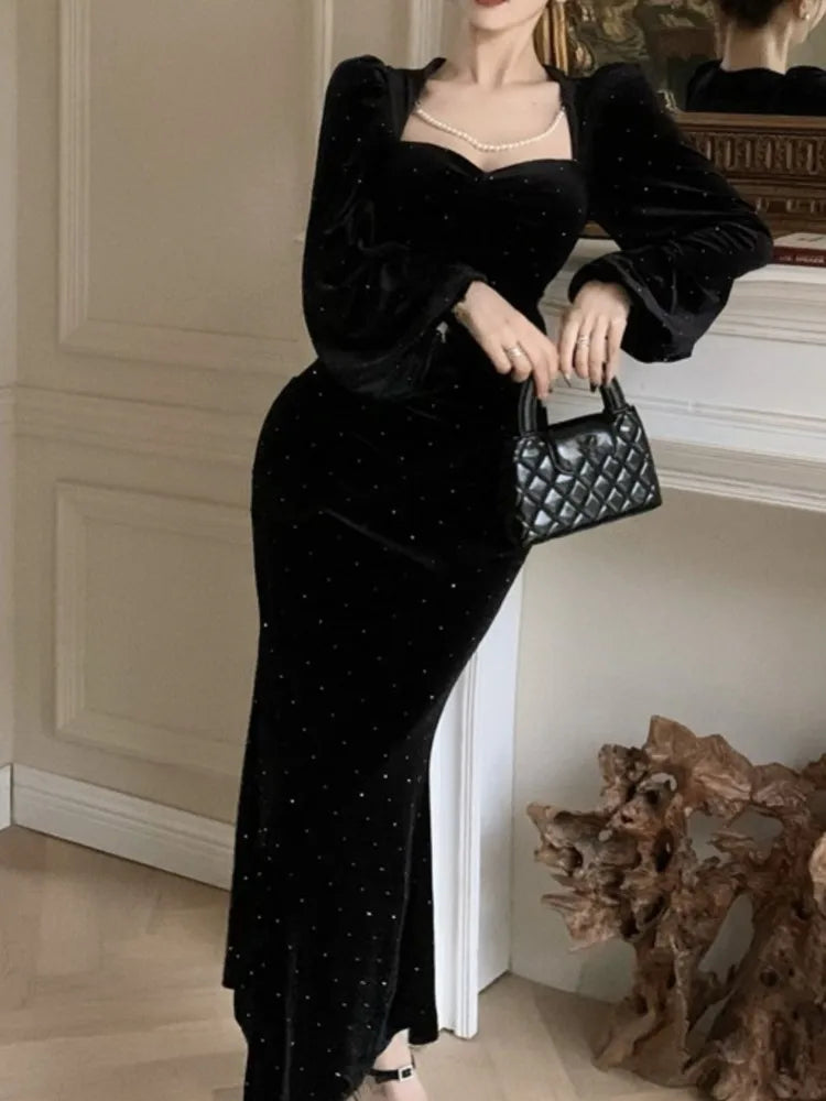 LBSFY -Elegant Velvet Black Mermaid Dress for Women Autumn Vintage Slim Solid Lantern Sleeve Dresses Fashion Evening Party Female Robe
