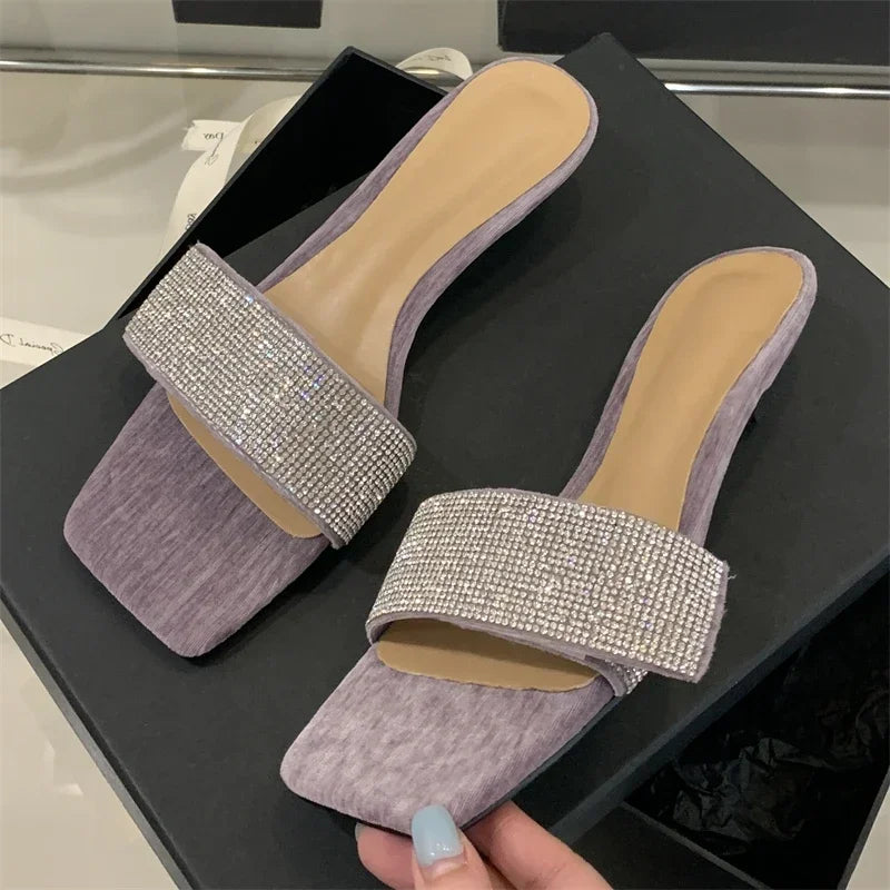 LBSFY -Summer Fashion Bling CRYSTAL Diamonds Square Toe Women Slippers Low Heels Party Dress Mules Slide Shoes