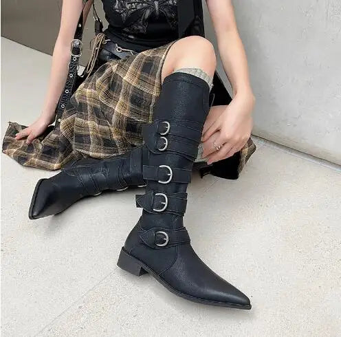 LBSFY  -  Retro Girls Brown Black Matte Leather Belt Buckles Pointed Toe Zipper Side 3 CM Low Heels Knee High Boots Women Knight Boots