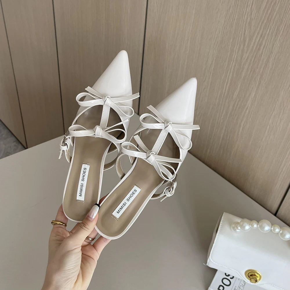 LBSFY  -  Casual Women Slippers Pointed Toe Black White Pink Bow Design Shallow Slip On Mules Shoes Thin Low Heels Summer Outside Pumps