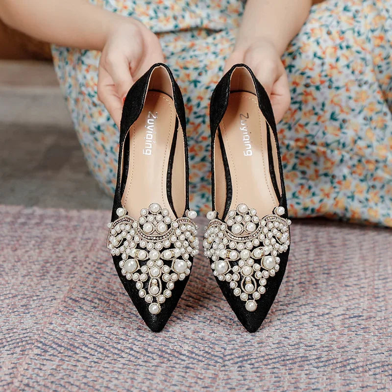 LBSFY -Spring Autumn New Large Women's Shoes Lace pearl wedding footwear Casual pointed Mary Jane shoes Comfort fashion ladies shoes