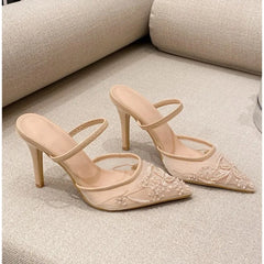 LBSFY -Luxury Brand High Heels Women Sandals Mesh Embroider Elegant Pointed Ladies Slingback Designer Party Wedding Bridal Dress Shoes