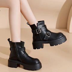 LBSFY  -  British Cow Leather Metal Buckle Women's Ankle Boots Designer Casual Shoes for Women Fashion Spring Autumn Platform Boots Female