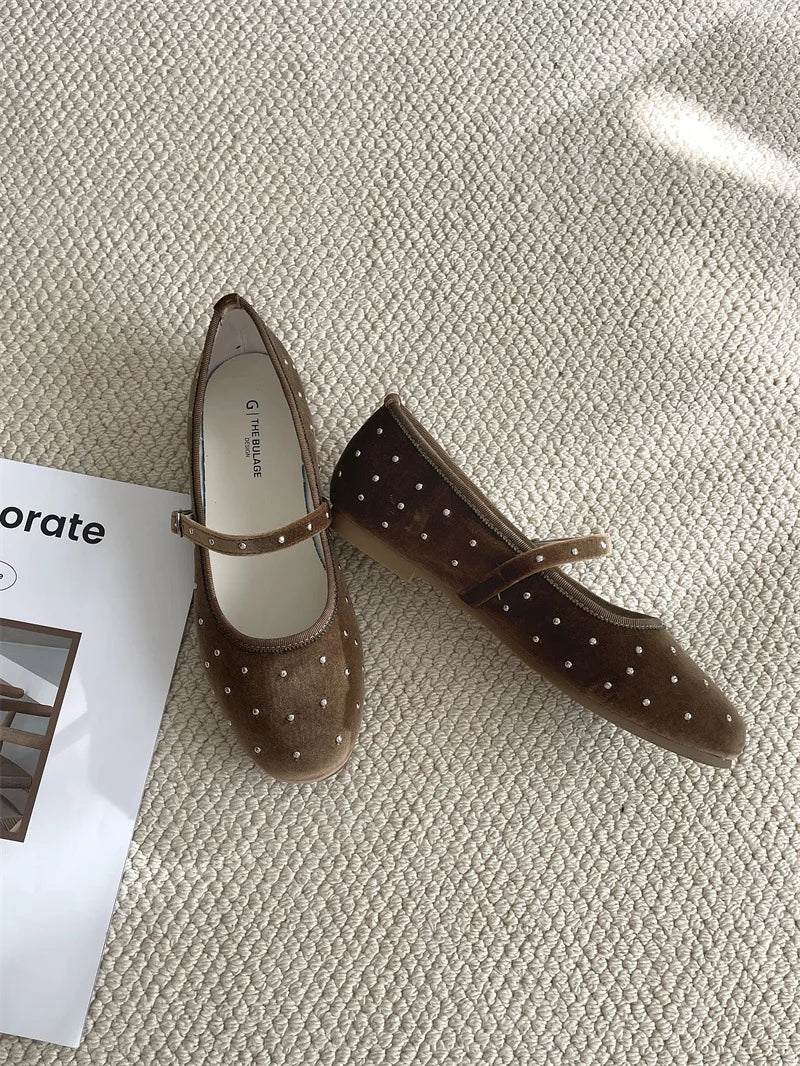 LBSFY -Rivet Decor Velvet Mary Janes Shoes Women Round Toe Elegant Ballet Flats Shoes Ladies Buckle Strap Spring Autumn Loafers New