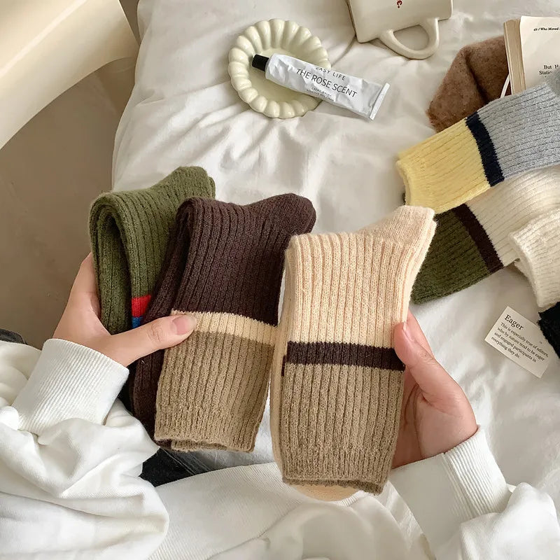 Lbsfy Wool Winter Thick Warm Cute Socks Cotton Korean Wool Stripe Designer Socks Middle Tube Kawaii Casual Harajuku Women Socks