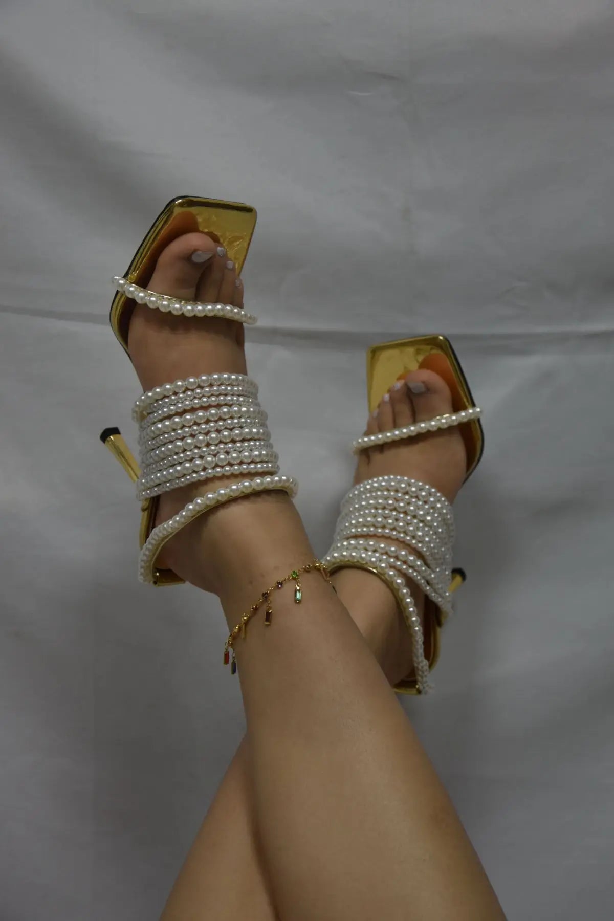 LBSFY  -  New Gold Square Open Toe String Bead Pearl Wrap Slip On Thin Heels Party Summer Sandals Women Elegant Bride Wedding Dress Shoes