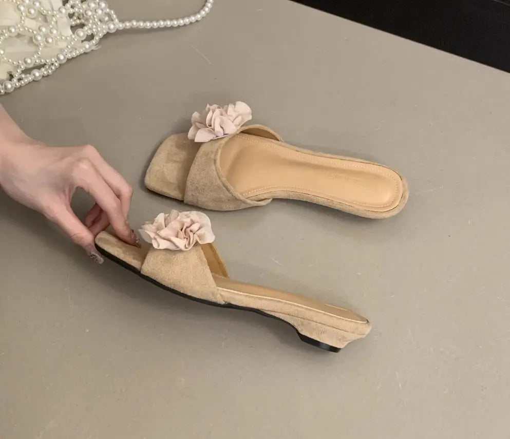 LBSFY -Women French Flowers Slippers Summer Slides Open Toe Flat Casual Shoes Leisure Sandal Female Vacation Beach Flip Flops