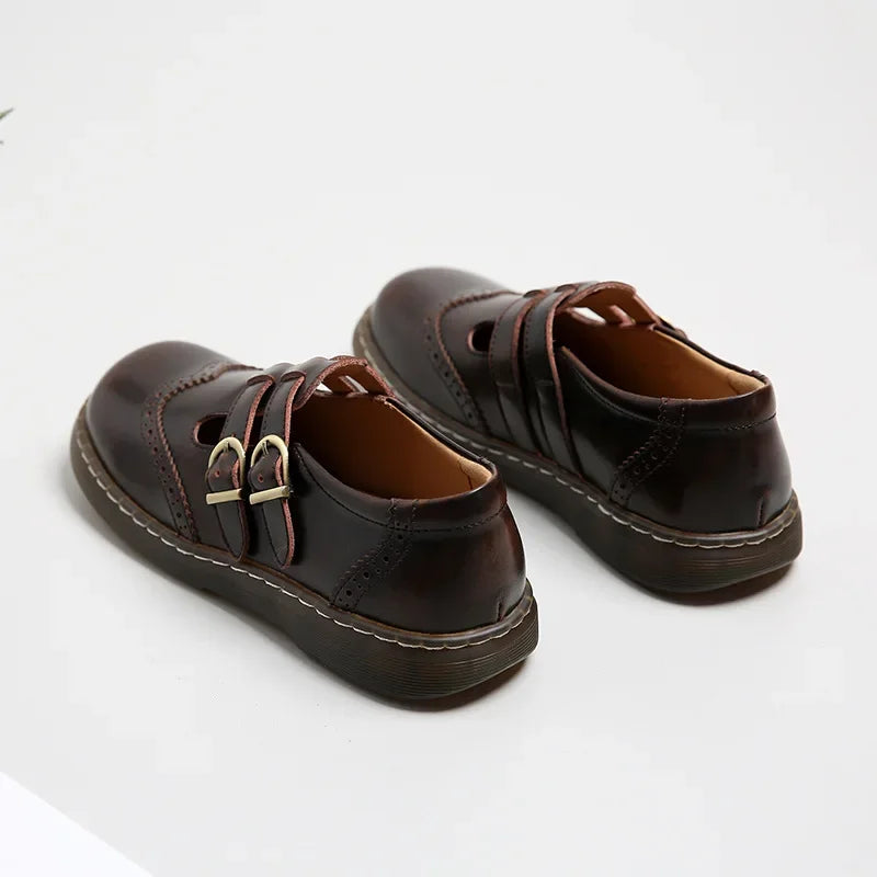 LBSFY  -  Mary Jane Shoes Summer Thin Section Japanese Double Buckle   New Low-cut Flat Round Toe Small Leather Shoes Women