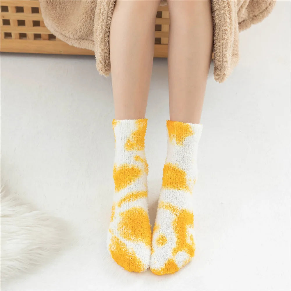 Lbsfy Socks Women Tie-dye Socks Ladies Warm Knee Winter Printing Thickened Coral Mink Fleece Girls Gift Hip Hop Floor Socks Stockings