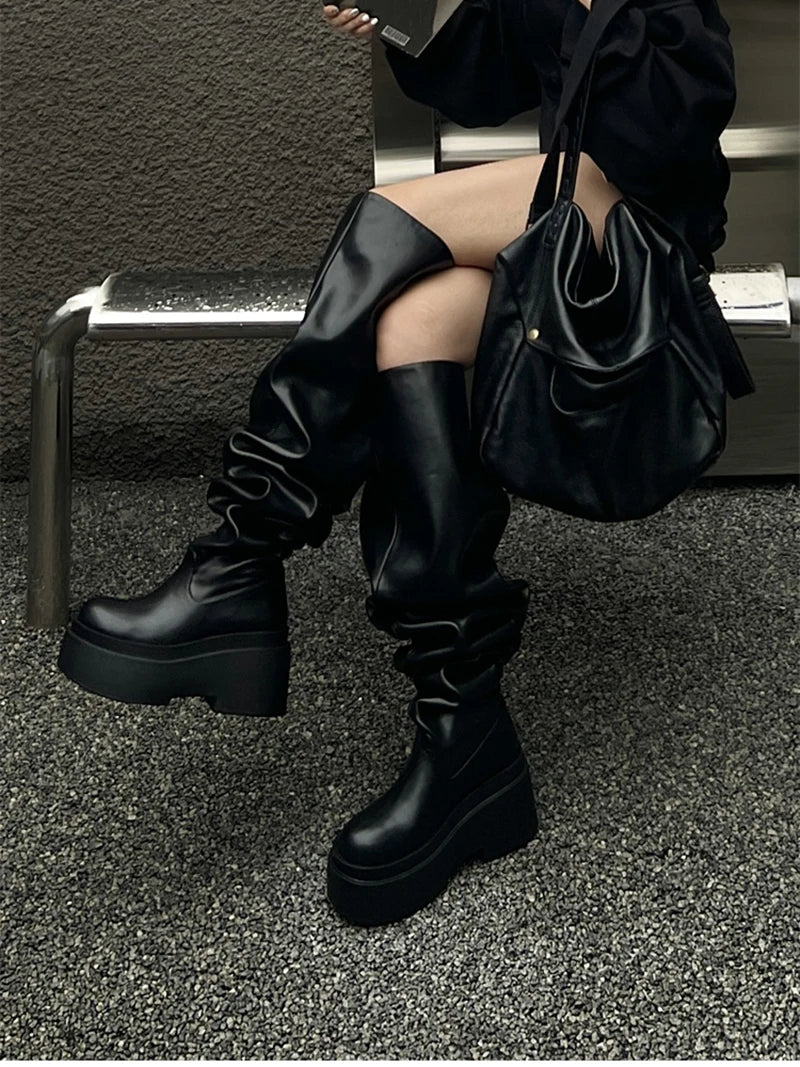 LBSFY  -  Winter Chunky Women Knee High Boots Fashion Slip On Pleated Long Booties Square Heels Party Dress Ladies Shoes