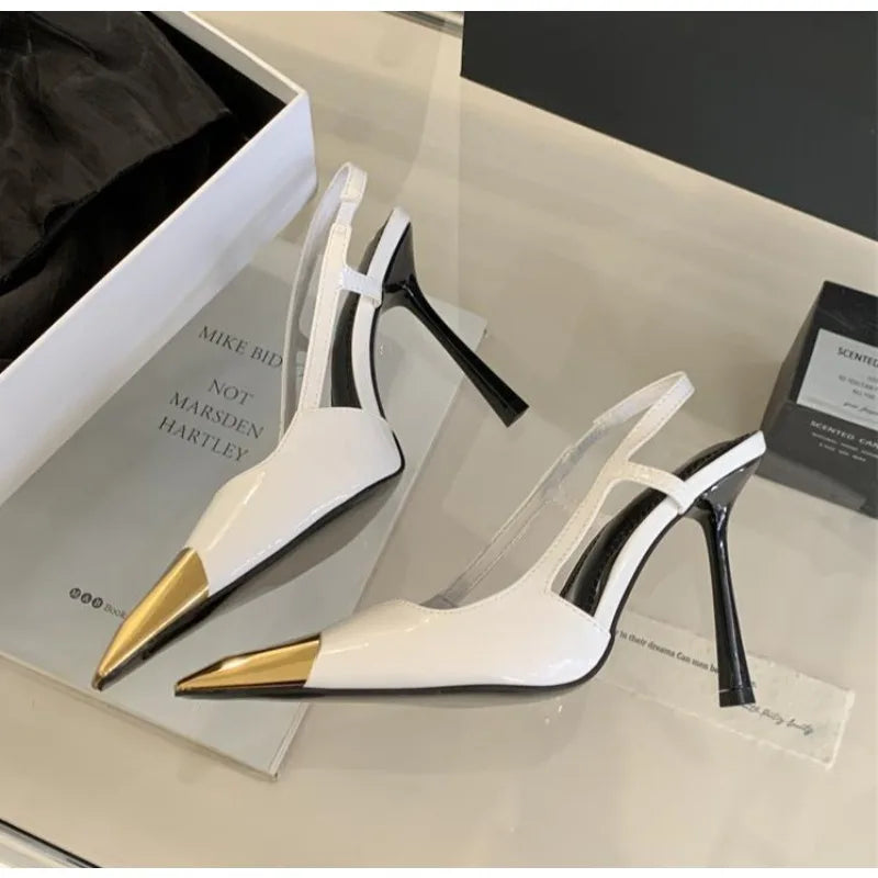 LBSFY -Designer Street Style Back Strap Pumps Women Sexy Splicing Pointed Toe Elegant Thin Low Heels Mule Party Dress Shoes Sandal