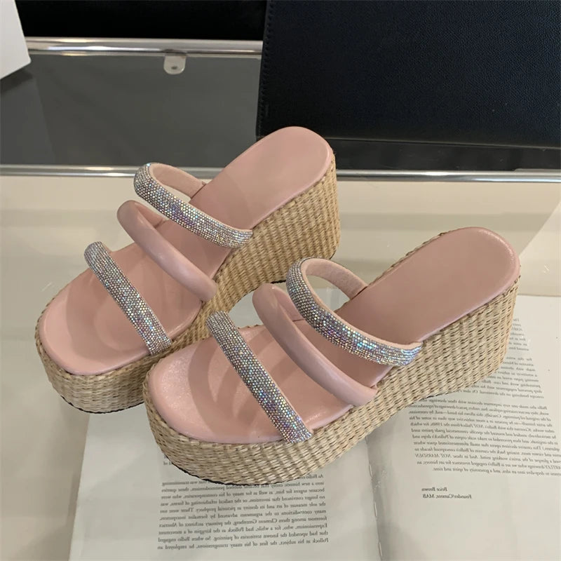 LBSFY  -  New Design Crystal Diamond Narrow Band Women Slippers Summer Platform Wedges High Heels Banquet Ladies Shoes
