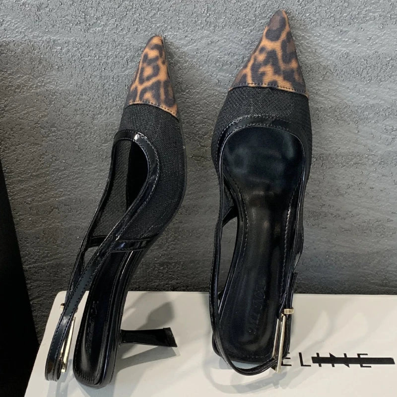 Lbsfy Leopard Sexy Pointed Toe Sandals Women Mesh Fashion Slingback Shoes Shallow Designer High Heels Dress Shoes Sandalias De Mujer