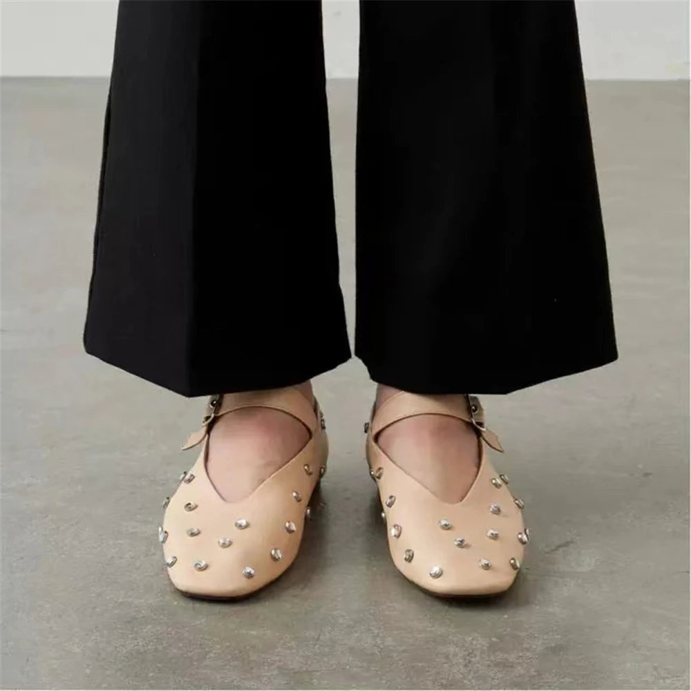 LBSFY  -  2024 New Rivets Women Flats Genuine Leather Buckles Spring Summer Fashion Soft Leather Shoes Mary Jane Flats Shoes Woman