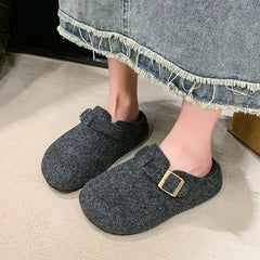 LBSFY -Fashion Women Slippers Mules Fur Women Shoes Winter Buckle Flats Platform Walking Plush Ladies Slides Casual Warm Indoor Boots