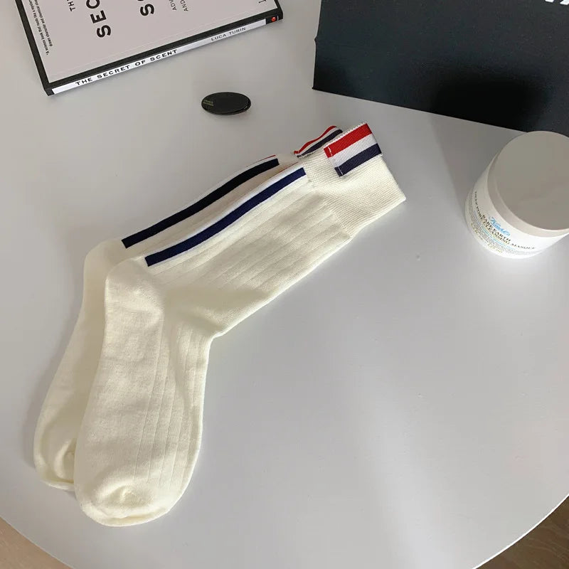 Lbsfy 3 Pairs Woman Tide Brand European Striped Label Solid Color Spring Autumn Cotton Socks Japanese JK Three Stripes Fashion Sox