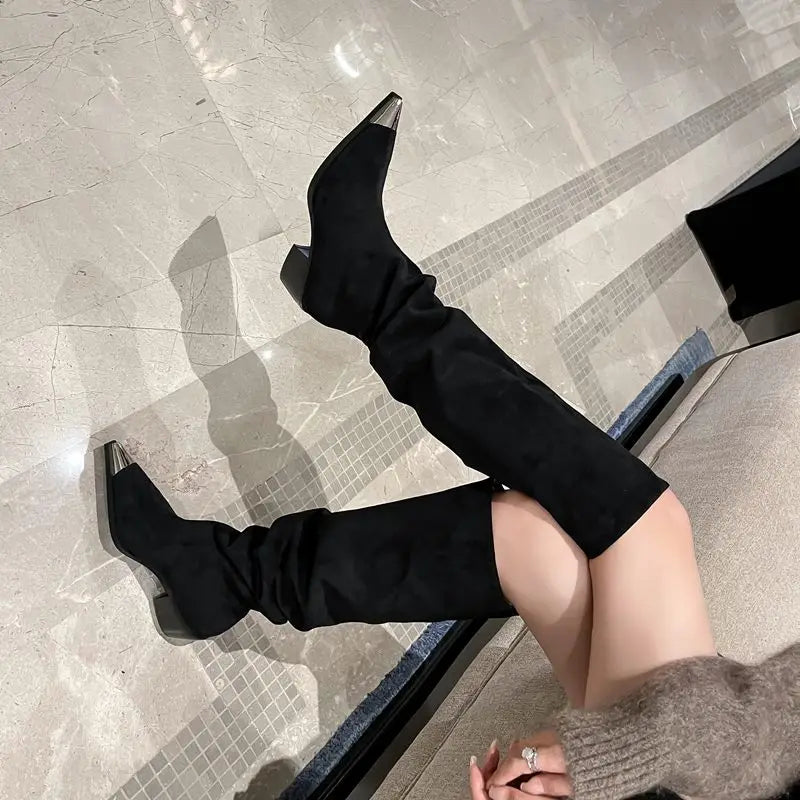 LBSFY  -  2024 New Faux Suede Women's Boots Pointed Toe Block Mid Heels Over The Knee Boots Fashion Ladies Thigh Long Boots