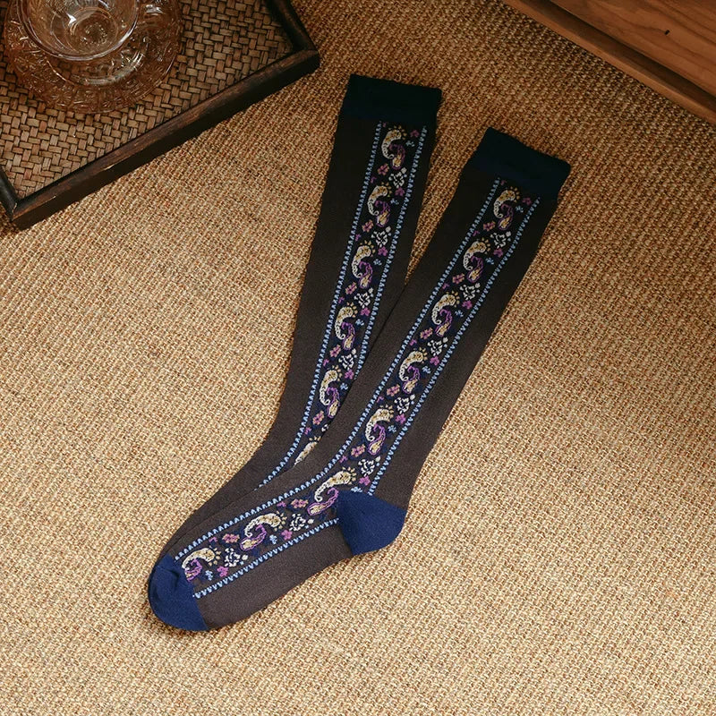 Lbsfy Japanese Kawaii Long Socks Stockings Women Ethnic Style Knee Socks Floral Embroidery Harajuku Vinage Girls Cute Socks Stockings
