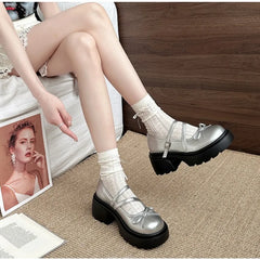 LBSFY -Chunky Platform High Heels Pumps Women Bowknot Shoes 2025 Autumn Leather Buckle Mary Jane Shoes Woman Thick Heeled Lolita Shoes