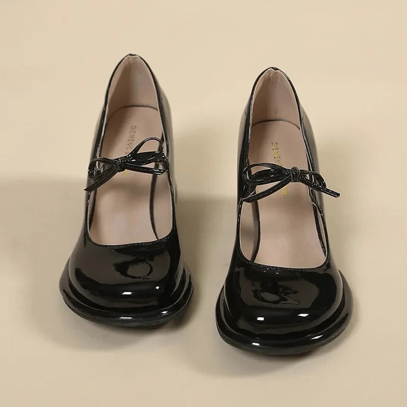 LBSFY -Red French Bow Knot High Heels Mary Janes Women Shoes Spring 2025 Chunky Heel Single Shoes round Toe Polyurethane Comfortable