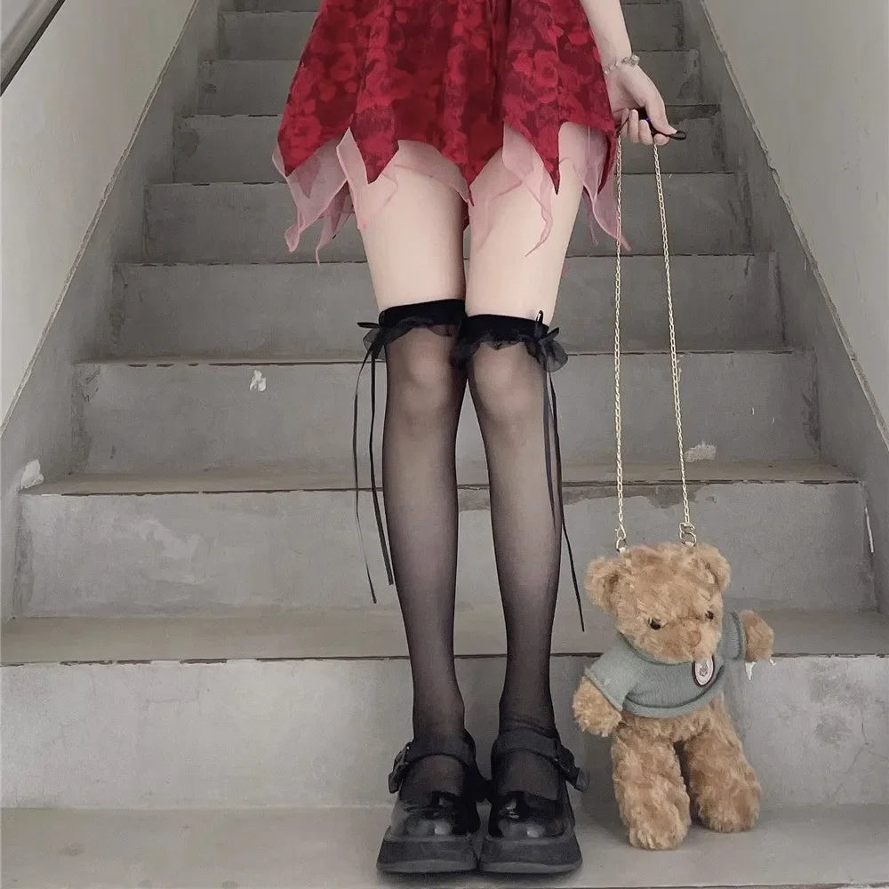 Lbsfy Sweet Bowknot Lace Stockings Women Thigh Knee Socks Black Thin Legging Lolita Thigh High Fishnet Stocking Gothic Punk Long Socks