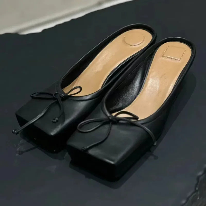 LBSFY  -  Genuine Leather Pumps Square Toe Metal Thin Heel Belt Buckle Lace-Up Ballet Mules Solid Slip-On Fashion Party Sexy Shoes