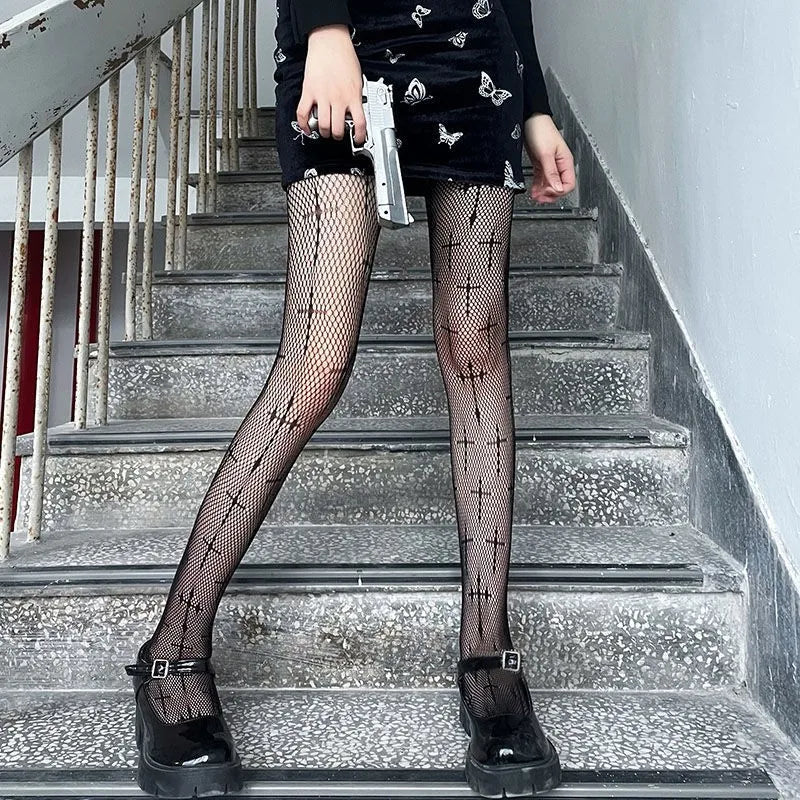Lbsfy Lolita Girls Cute Pentacle Print Tights Women Sexy Gothic Punk Magical Five-Pointed Star Mesh Fish Net Pantyhose Body Stockings