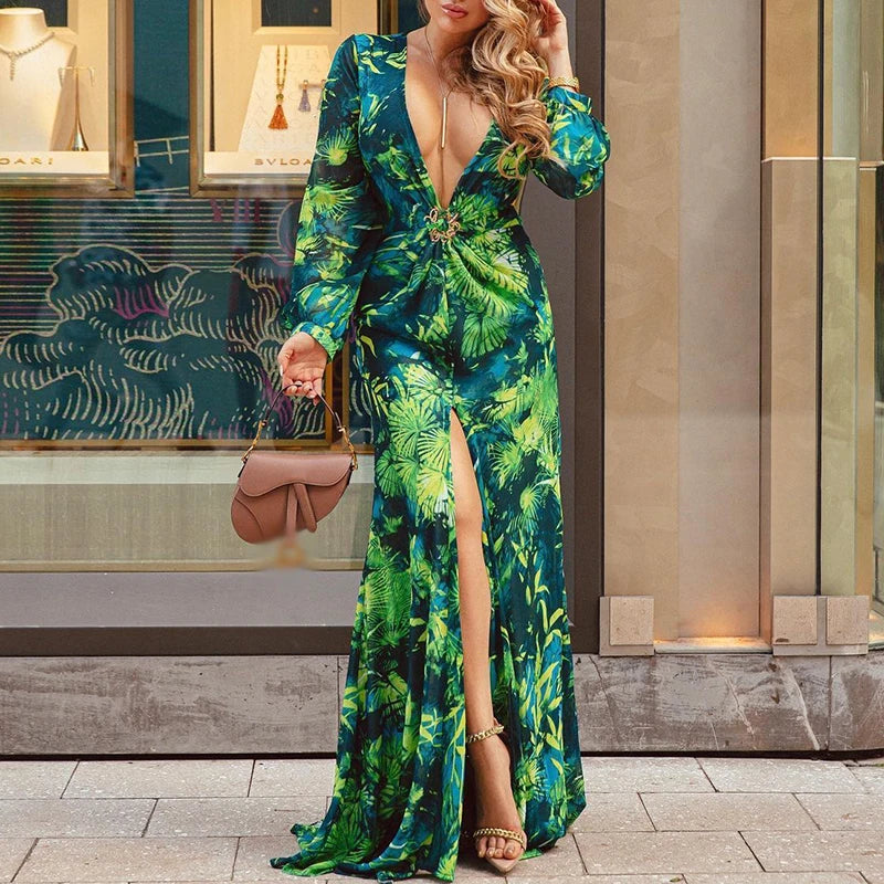 LBSFY  -  Vintage Floral Print Long Dress Autumn Single-Breasted Long-Sleeved Elegant Dress 2024 Ethnic Style Slim-Fit High-Split Dress