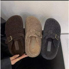 LBSFY -Fashion Women Slippers Mules Fur Women Shoes Winter Buckle Flats Platform Walking Plush Ladies Slides Casual Warm Indoor Boots
