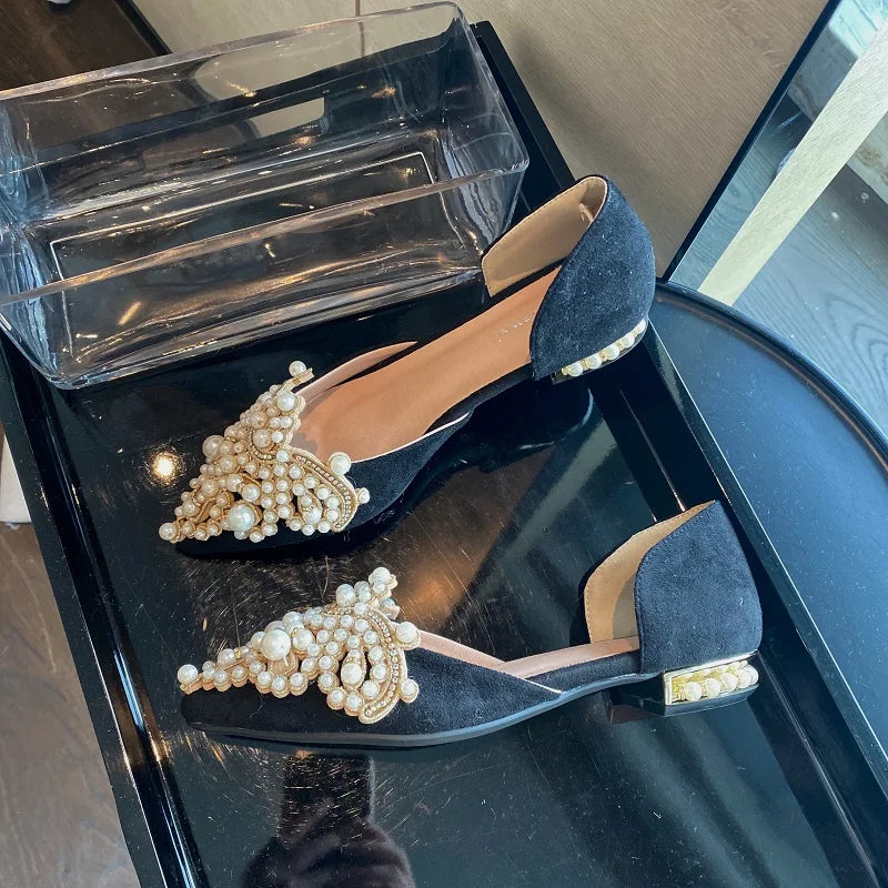 LBSFY -Black New Crown Pearl Flats Women Wedding Shoes Pointed Toe Female Dress Moccasins Low Pearl Heel Ladies Fashion Luxury Style 43