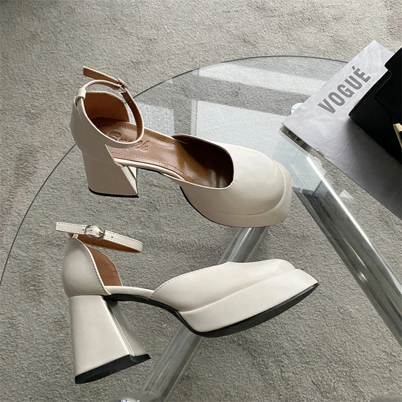 LBSFY  -   Spring New Brand Women Sandal Shoes Fashion Round Toe Close Toe Ankel Strap Mules Square High heel Dress Pumps