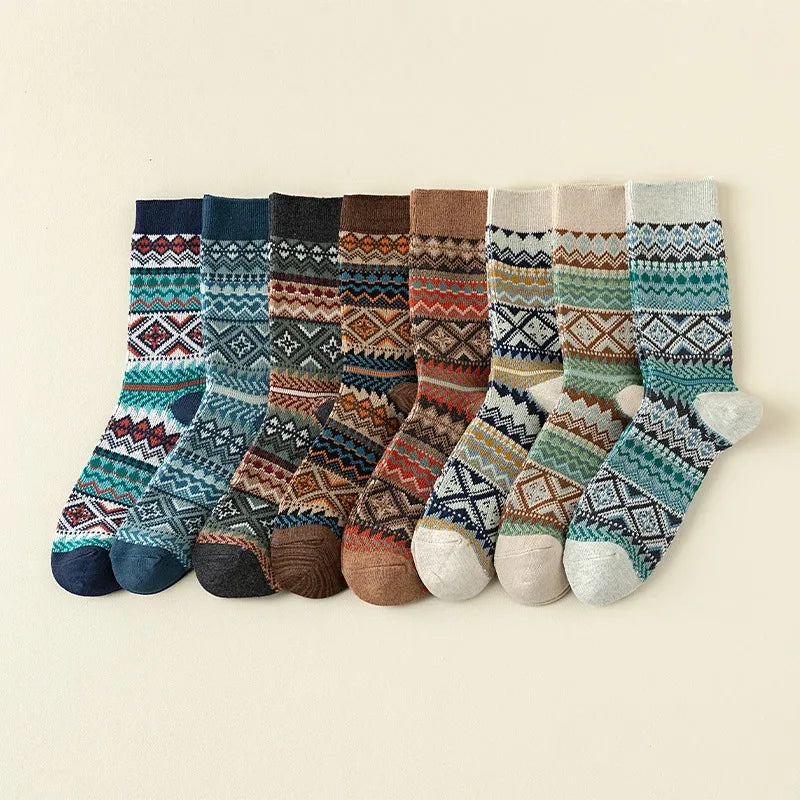Lbsfy 3 Pairs Men's Retro Socks Ethnic Style Geometric Stripes Cotton Crew Socks Male Breathable and Sweat-absorbing Winter Warm Sock