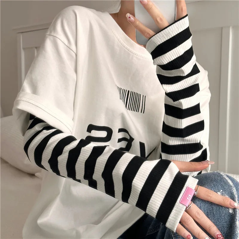 Lbsfy Women Striped Sunscreen Sleeve Summer Driving Riding Oversleeve Punk Gothic Fashion Loose Arm Warmer Outdoor Cuff Sleeve