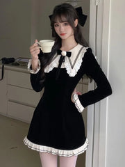 LBSFY -Y2K Sweet Velvet Womens Dresses French Patchwork Princess Flare Long Sleeves Birthday Party Mini Dress Female Short Vestidos New