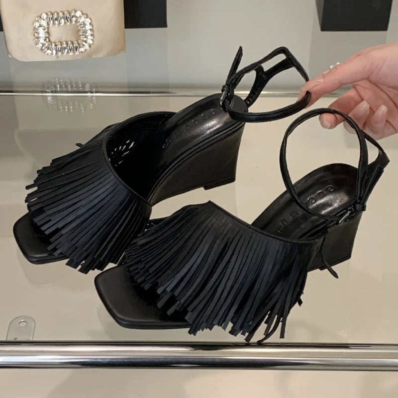 Lbsfy Tassels Designer Wedge Sandals Women Open Toe Summer New 2025 Ankle Strap High Heels Female Fashion Dress Shoes Women Pumps