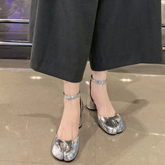 LBSFY -Fashion Tabi Ninja Shoes WomenRound Split Toe Shallow Thick Heel Sandals Single Mid Heel Mary Janes Shoes Female Pumps