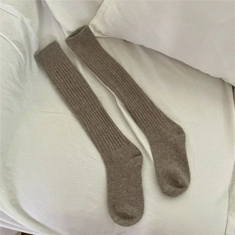 Lbsfy Wool Long Socks Cashmere Women Boot Solid Wool Thigh Stocking Skinny Casual Cotton Over Knee-High Fluffy Female Long Knee Sock